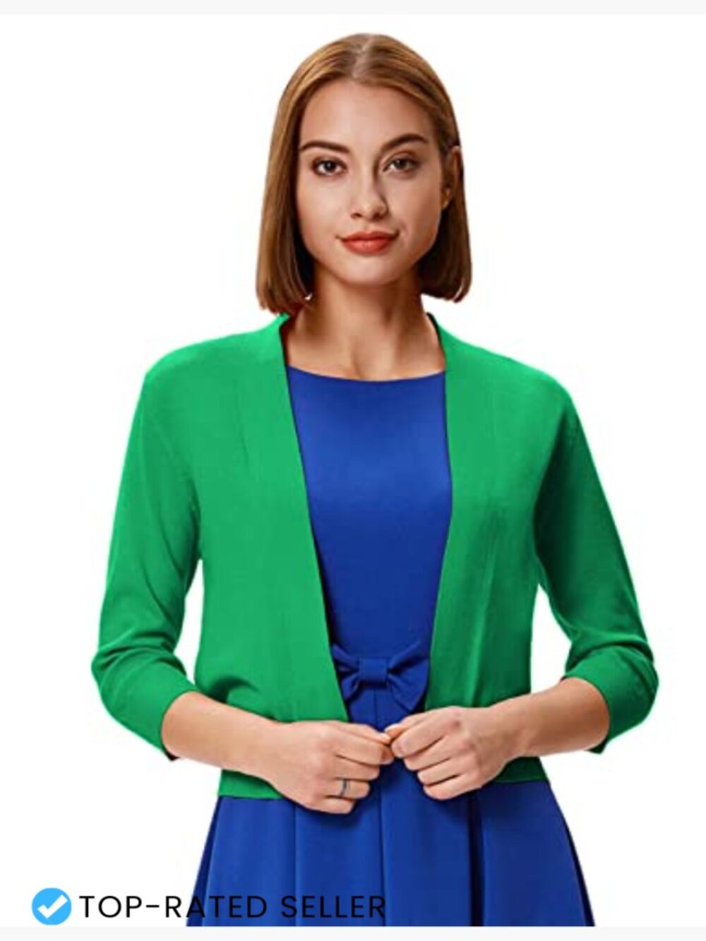 3/4 Sleeve Cropped Cardigan Knit Open Front Bolero Shrug Classic Slim Fit - Picture 3 of 7
